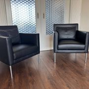 2 fauteuils de salon modernistes allemands en cuir noir et acier de Walter Knoll