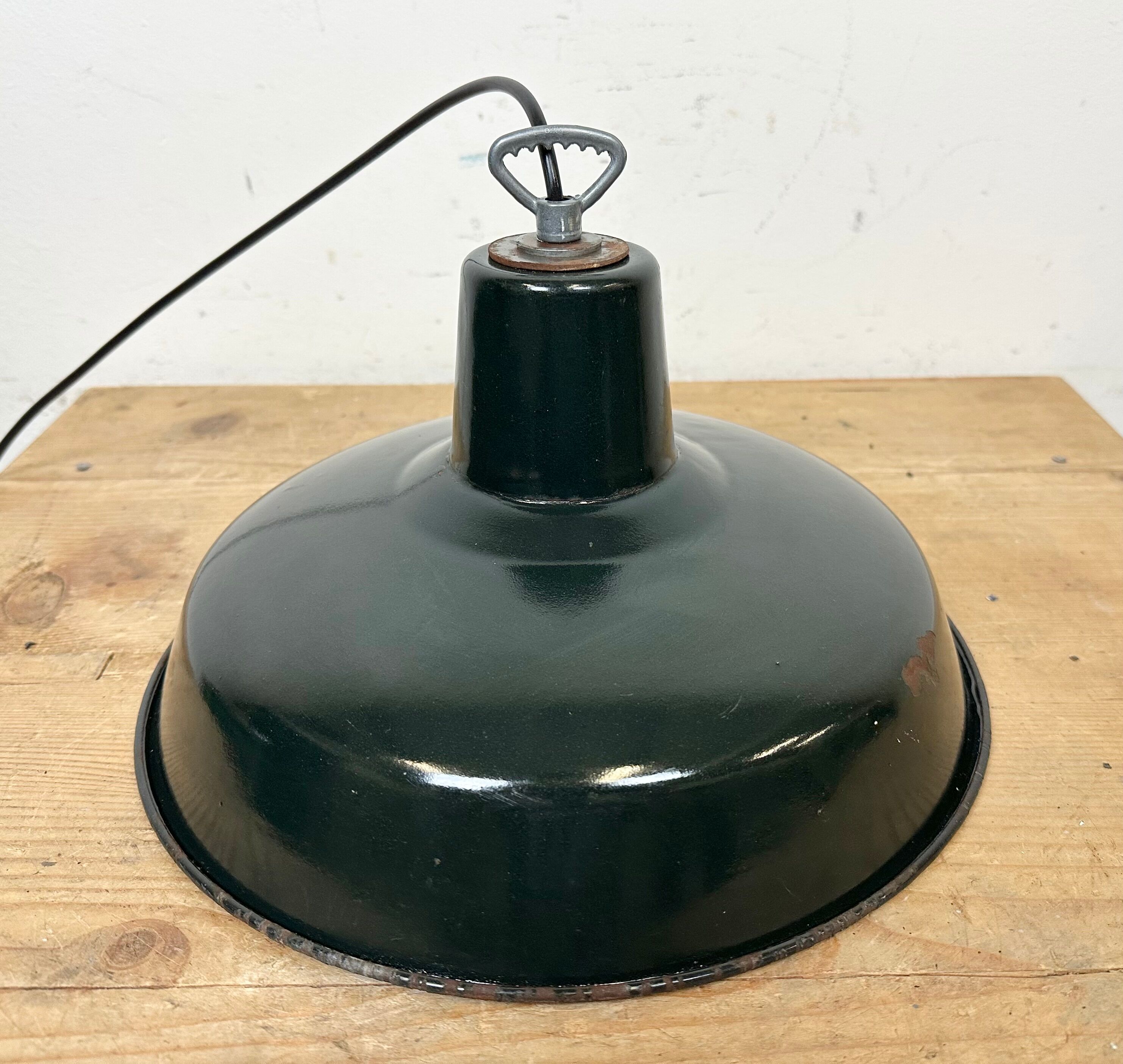Industrial French Dark Green Enamel Factory Lamp, 1960s