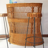 Rattan bar and 2 metal foot stools