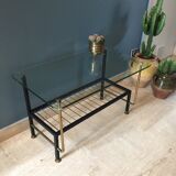 Coffee table in glass  black metal and brass vintage 1950