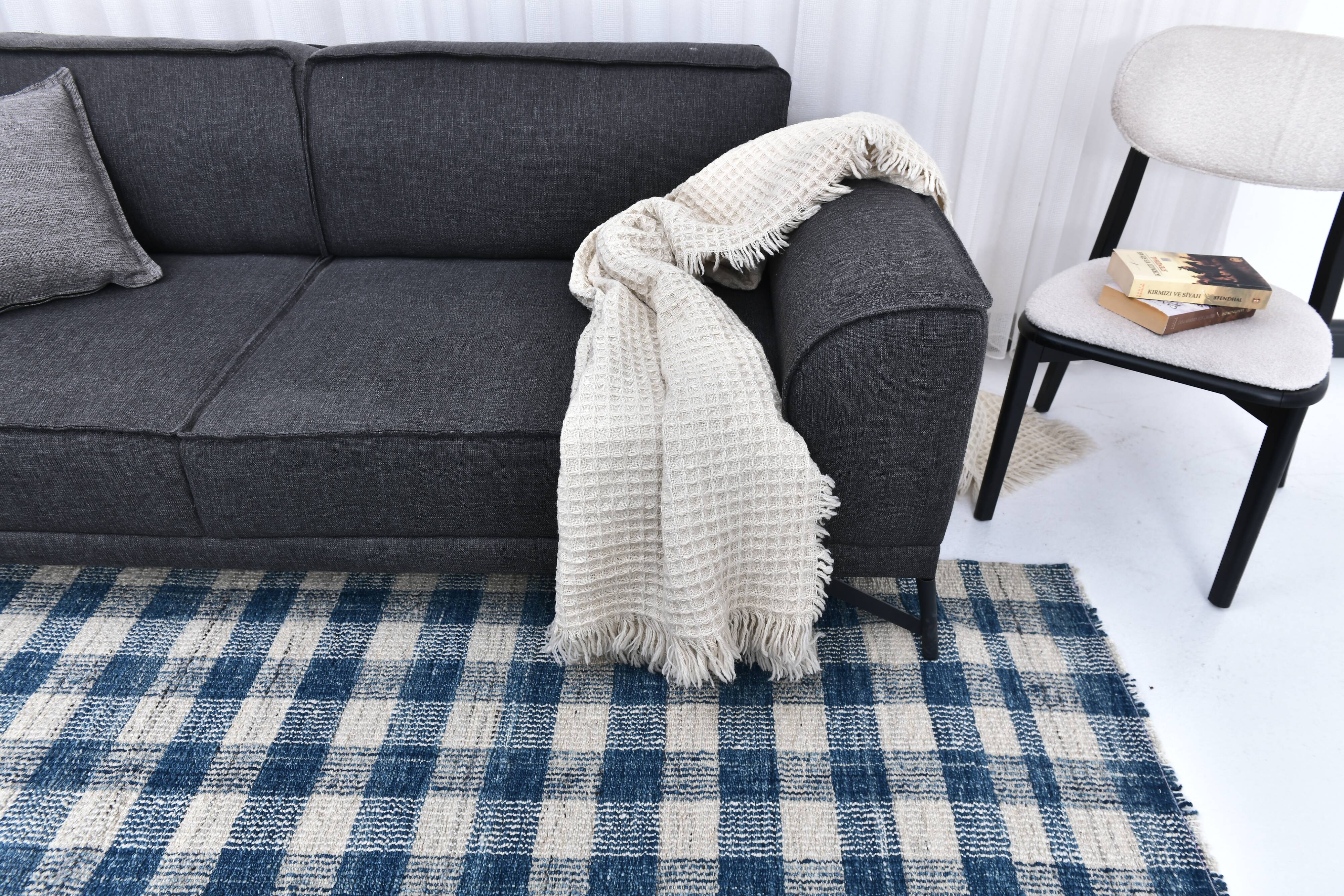 190x290cm İndigo blue kilim carpet. made with wool, Organic Wool Kilim