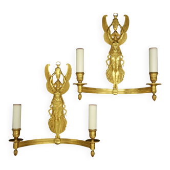 Large pair of Empire style winged caryatid sconces - gilded bronze