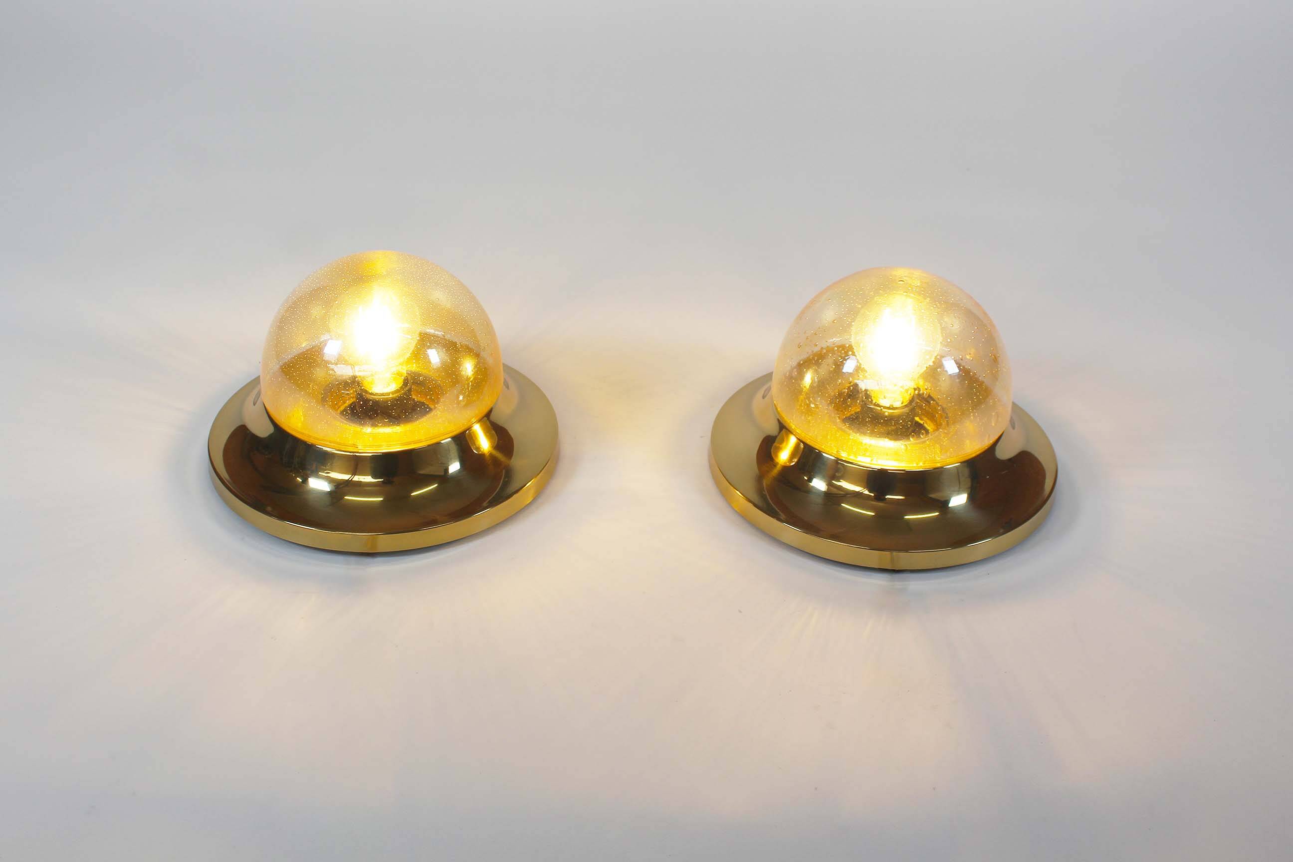 Pair of Amber glass and brass vintage wall lights, Germany 1970's