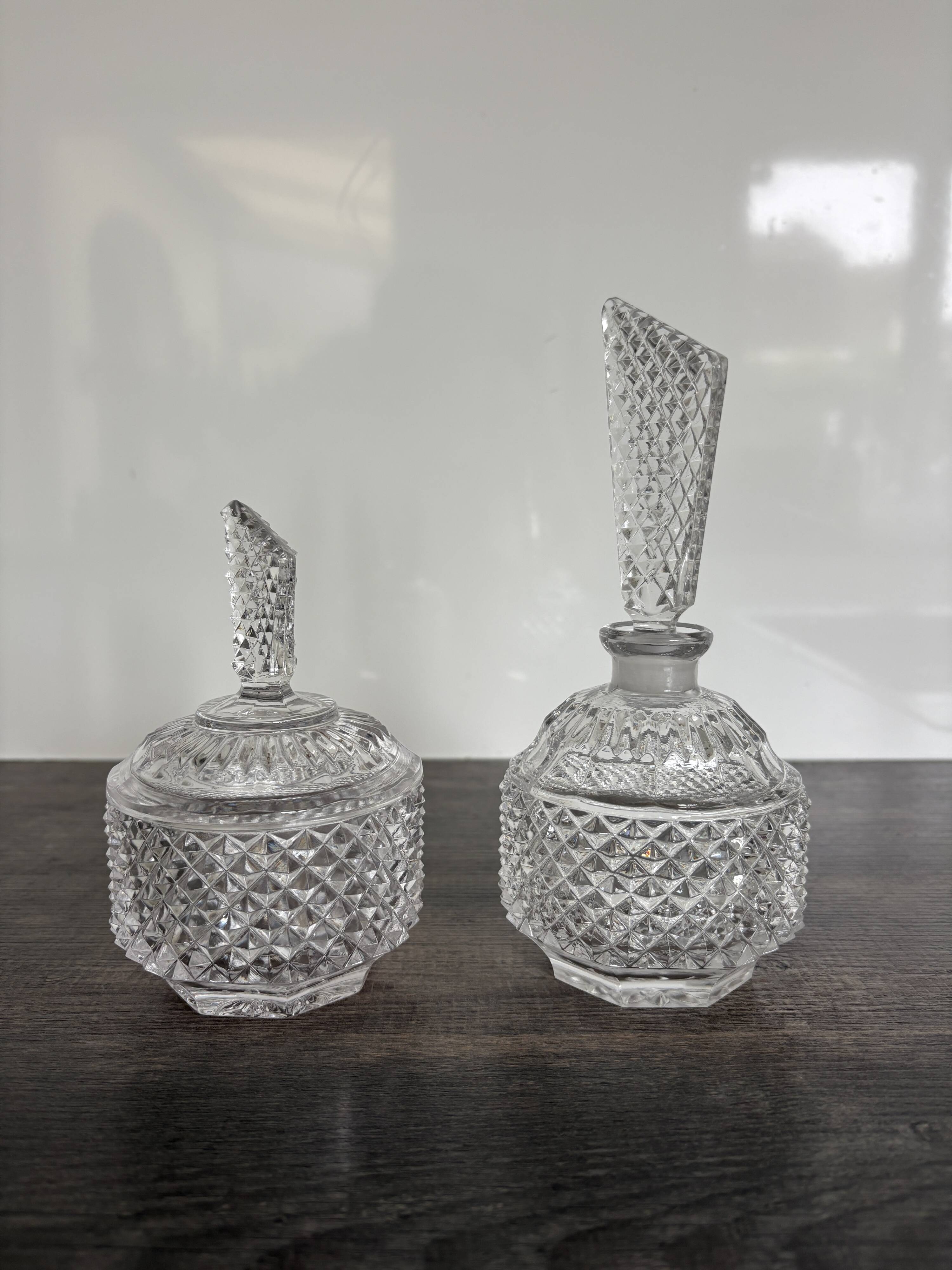 Pair of crystal-style cut glass bottles – retro/vintage dressing table
