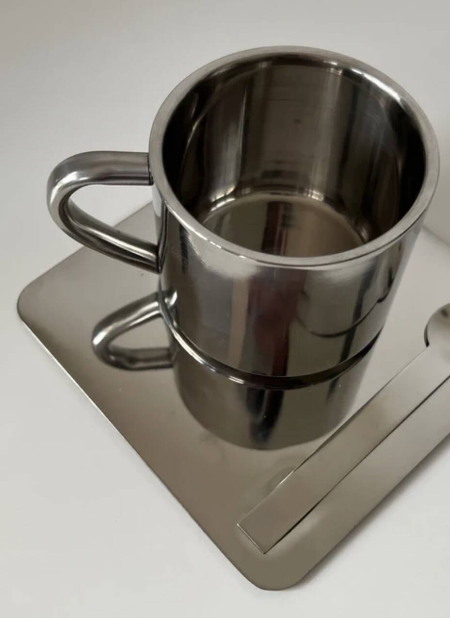 Stainless steel coffee cup set with saucer and spoon – Minimalist Nordic modern design