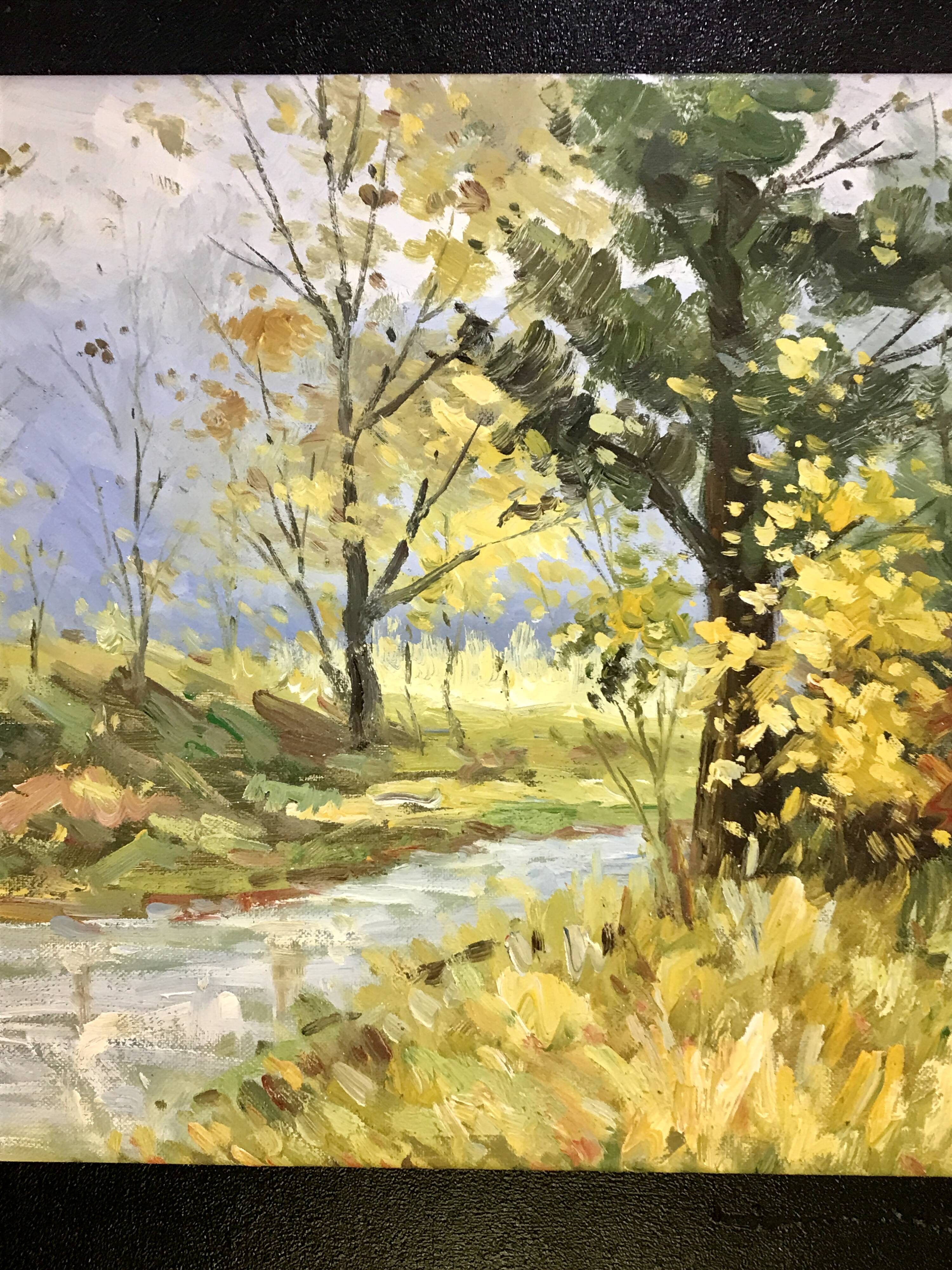 Old oil on canvas "Stream in the autumn countryside"