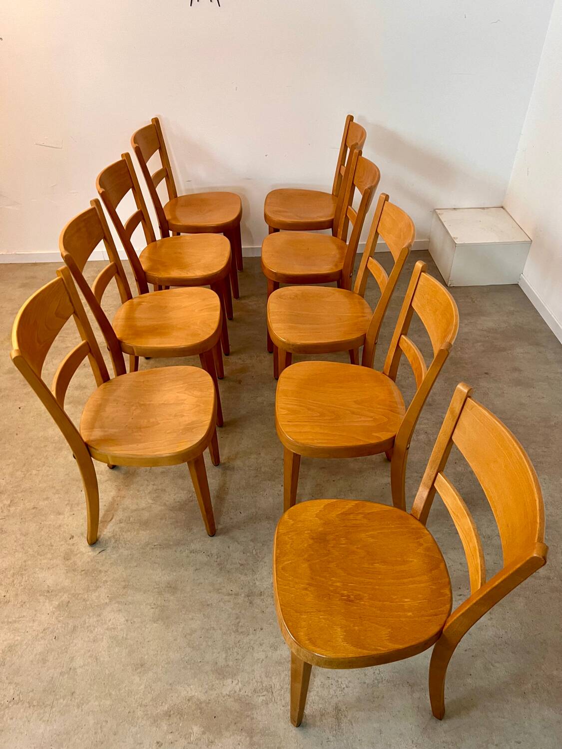 Set of 9 vintage wooden bistro chairs designed by Horgen Glarus