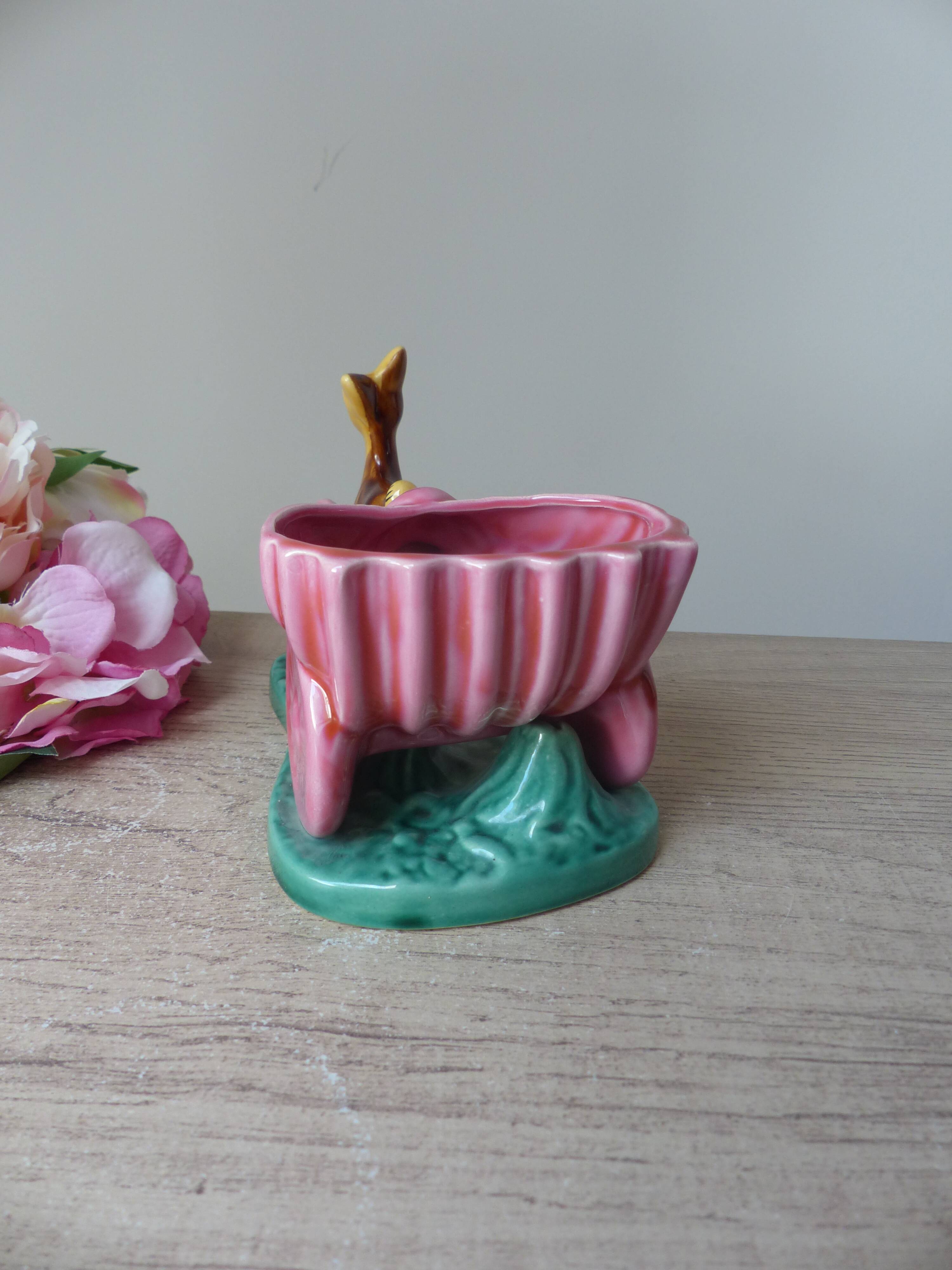 Pot, vase, small doe fawn planter pulling a vintage ceramic cart