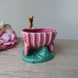 Pot, vase, small doe fawn planter pulling a vintage ceramic cart