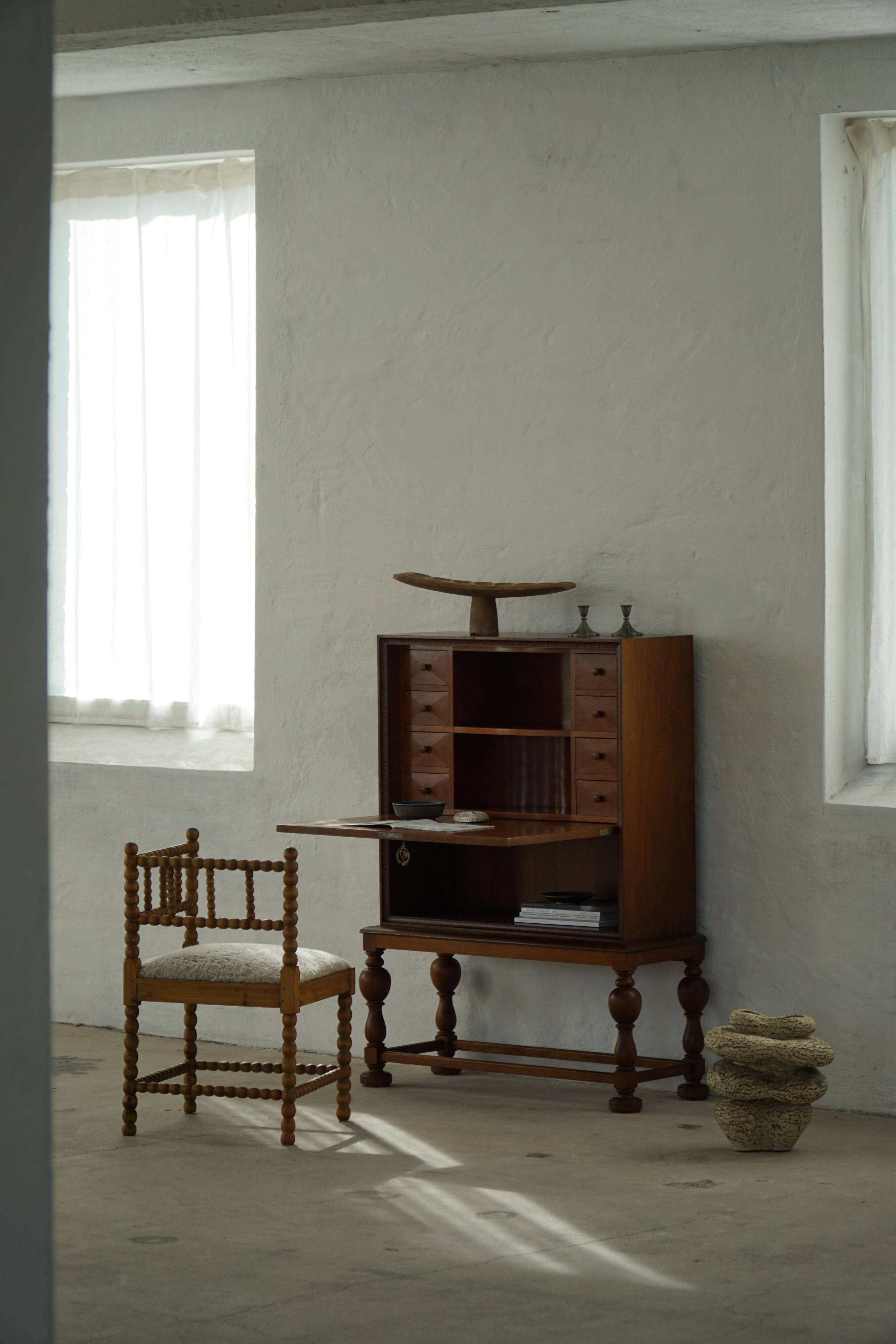 Modern Danish secretary, unique handmade oak, mid-20th century.
