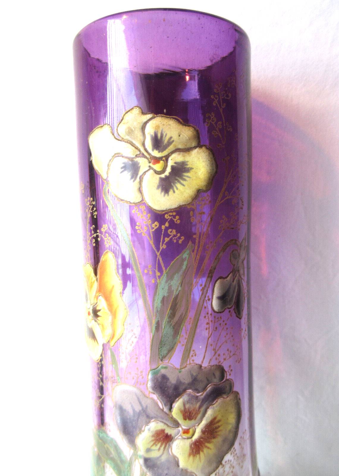 Legras enameled vase, multicolored pansies, colorless gradient purple glass