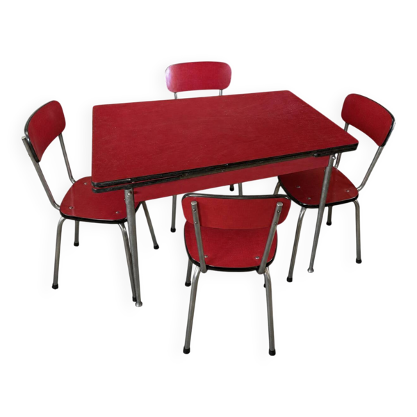 Table de cuisine vintage en formica rouge et ses 4 chaises