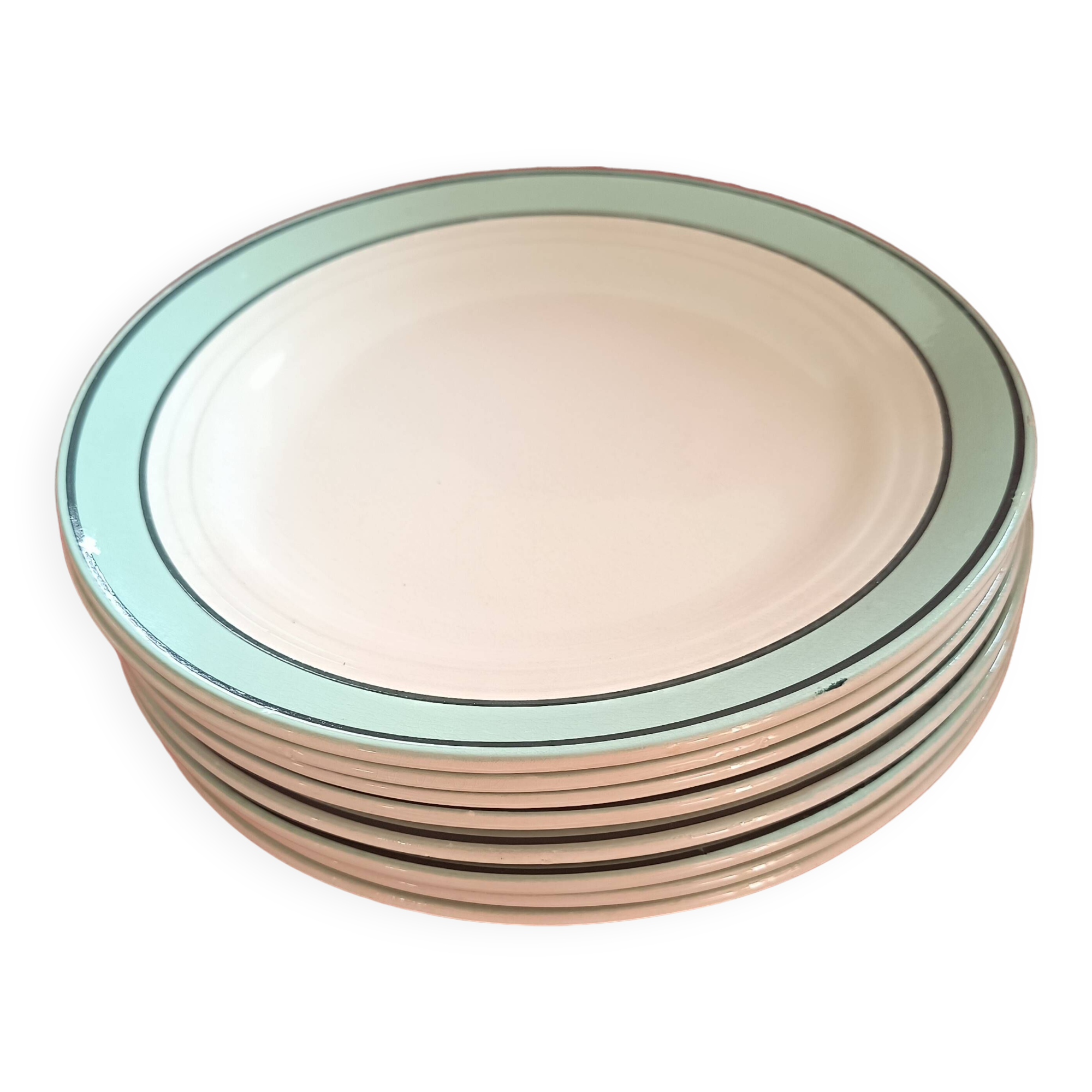 Set of 10 St Amand plates. Amanda model. White with a sea green border. 2 sets.