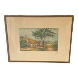 Colored etching in original Maison Bretonne frame