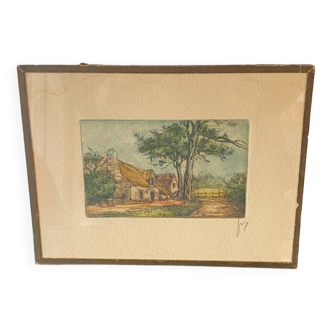 Colorized etching in original Maison Bretonne frame