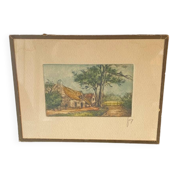 Coloured etching in original frame by Maison Bretonne.