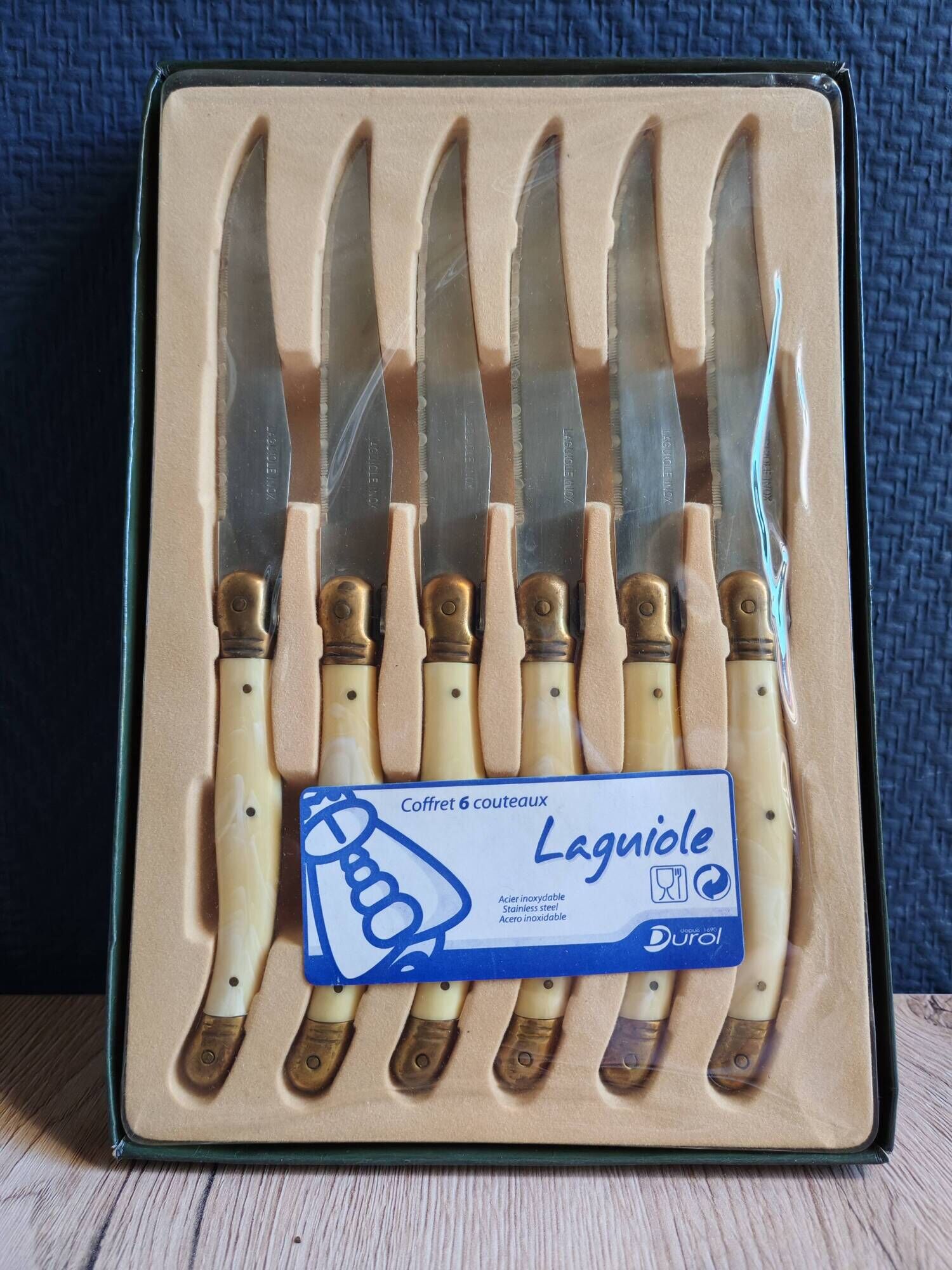 Vintage Box 6 Laguiole Table Knives Ivory Handles Gold Bolsters