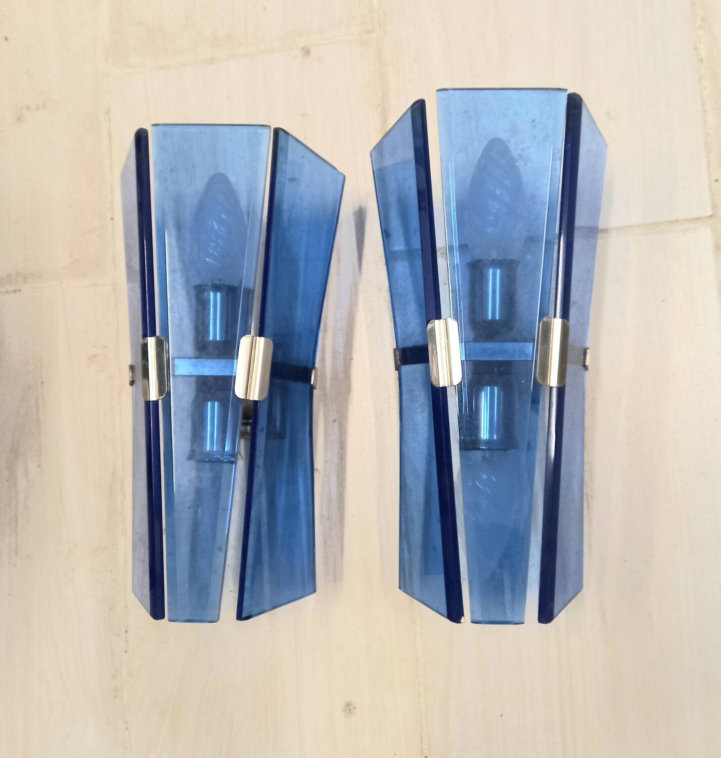 Pair of walllamps 70s blue glass