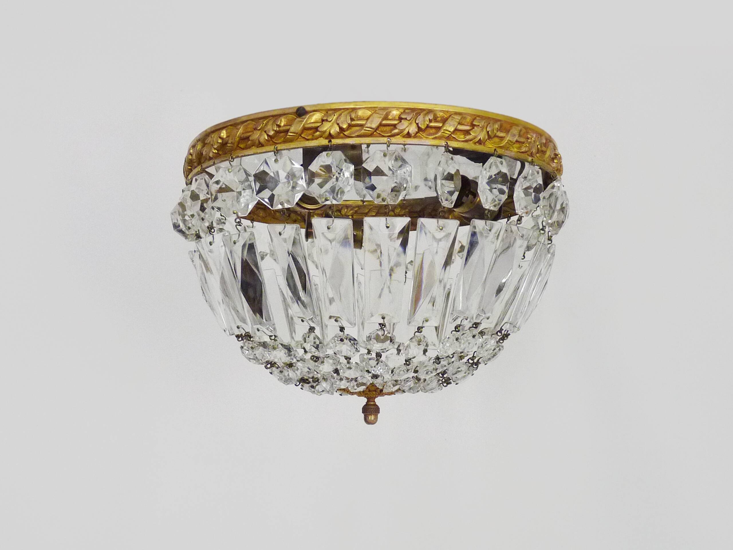 Old crown ceiling light with 3 lights, half basket with glass pendants.