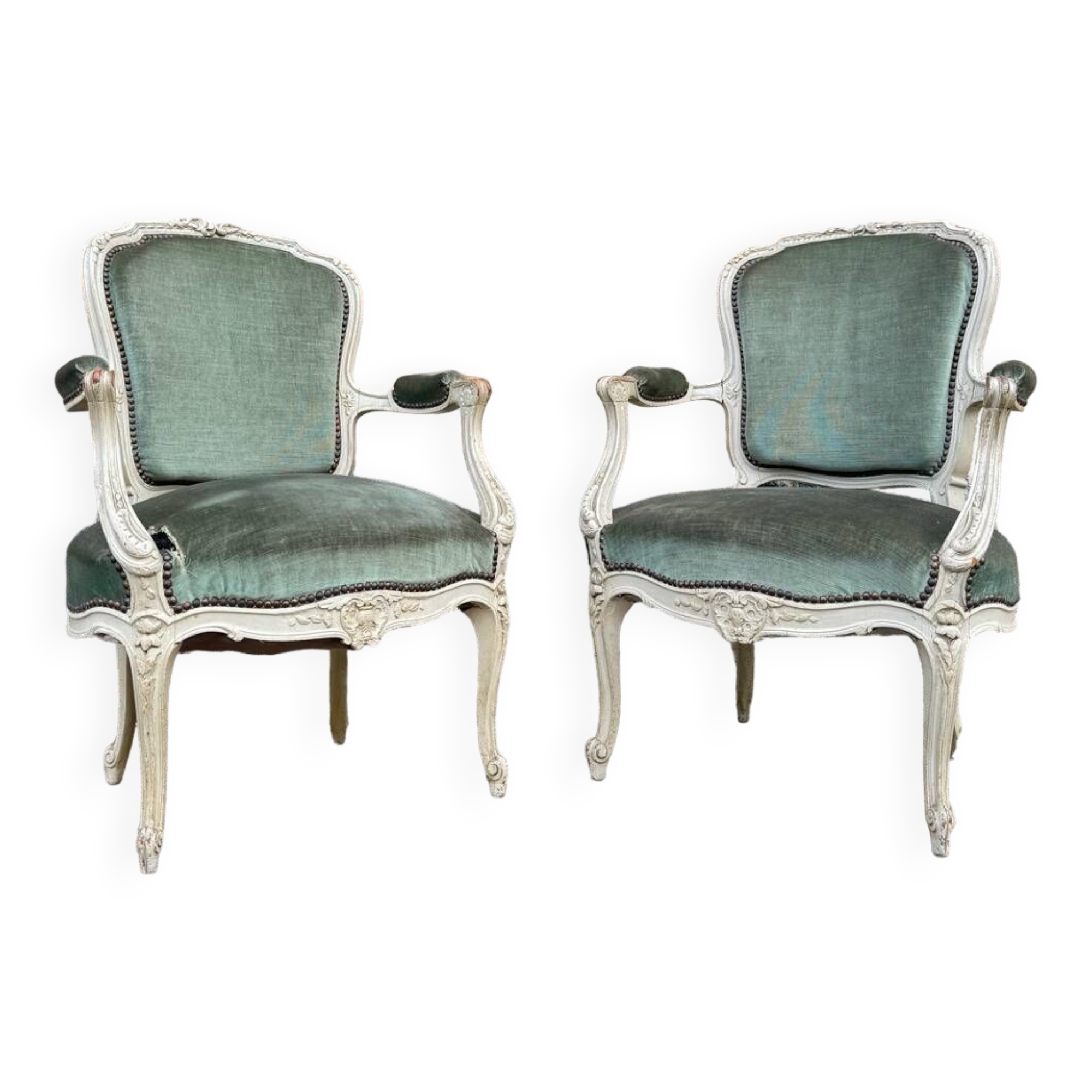Pair Of Louis XV Style Lacquered Wood Armchairs XIX Eme Century