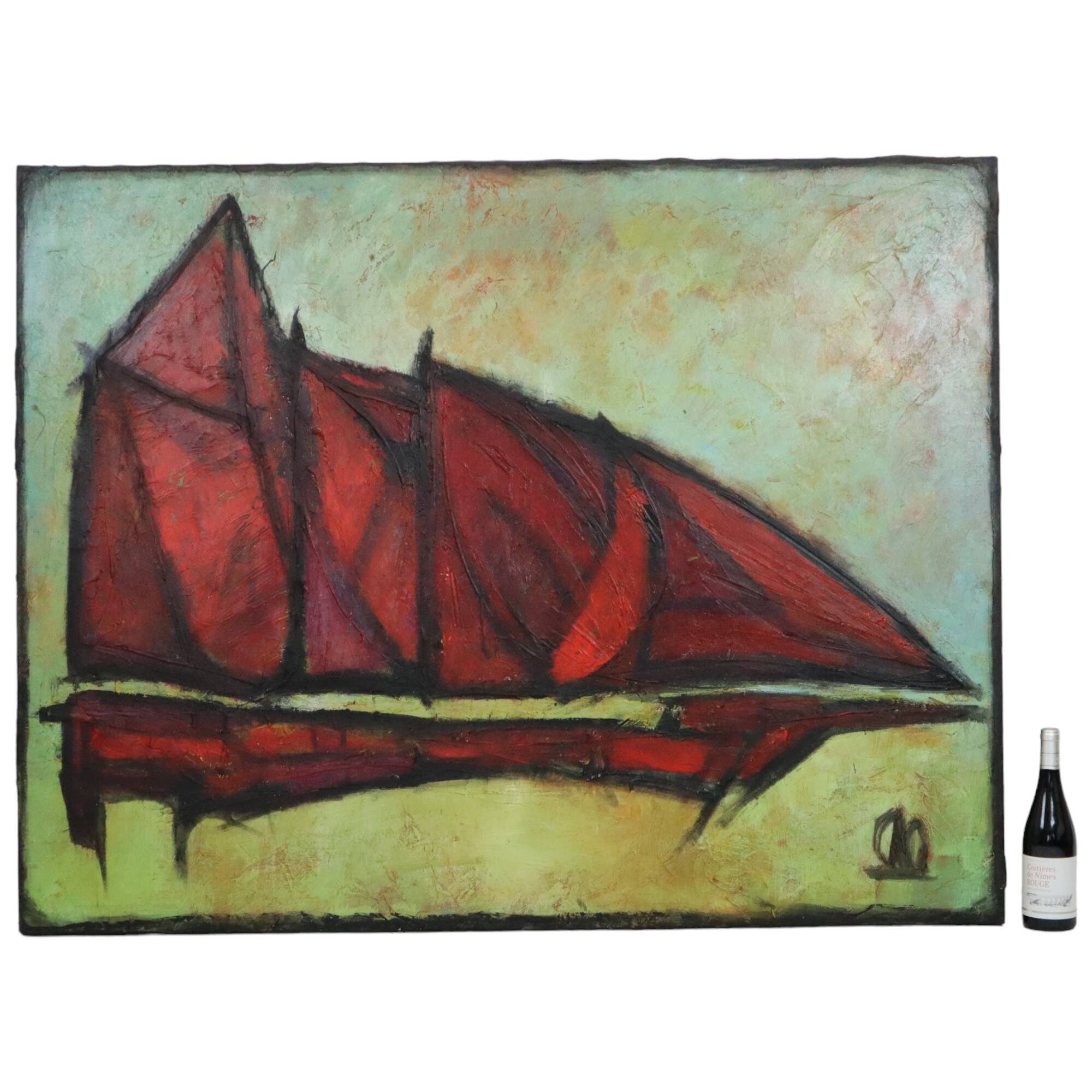 Abstract Boat Art Oil On Canvas XL Huge Painting Signed 146x114cm