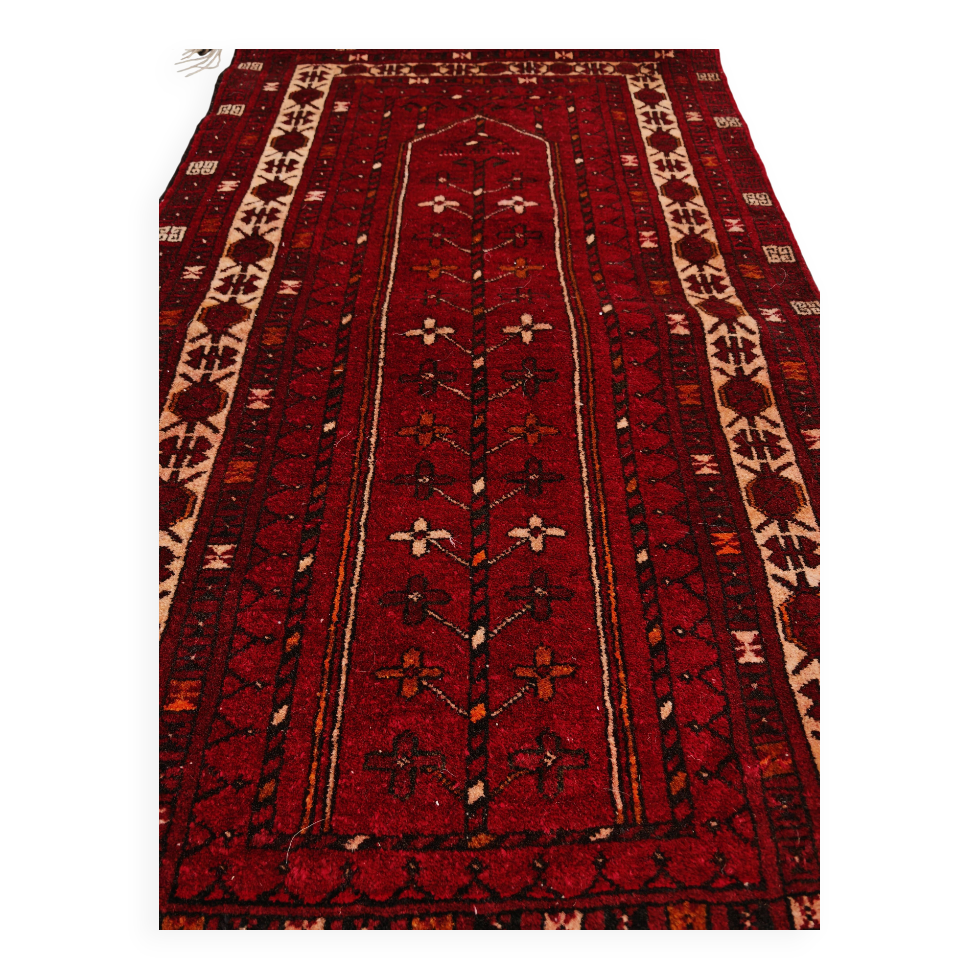 Vintage Afghan tribal prayer rug, hand-knotted from the 1950s.