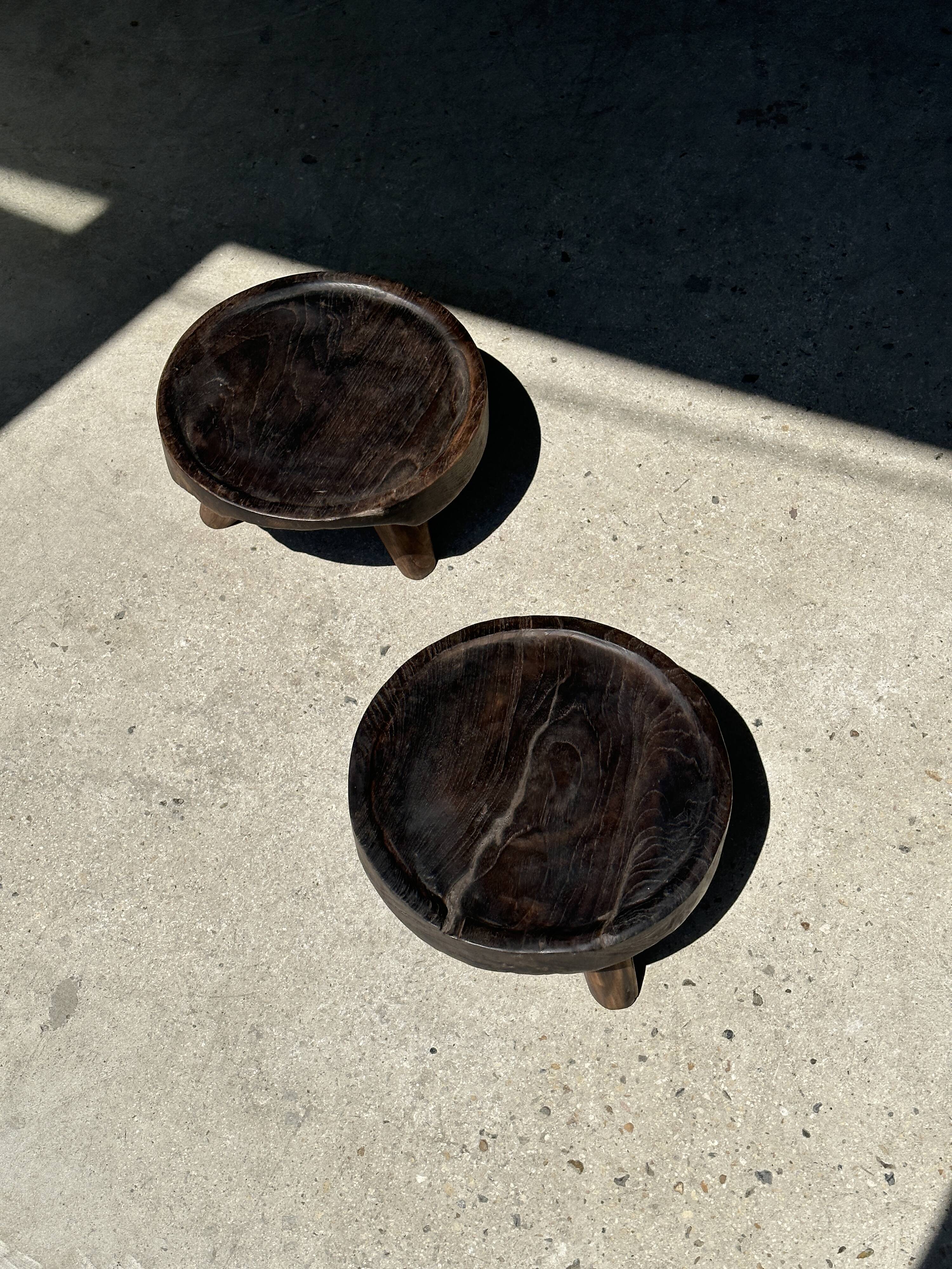 Small tripod stool low in dark brown upcycled teak