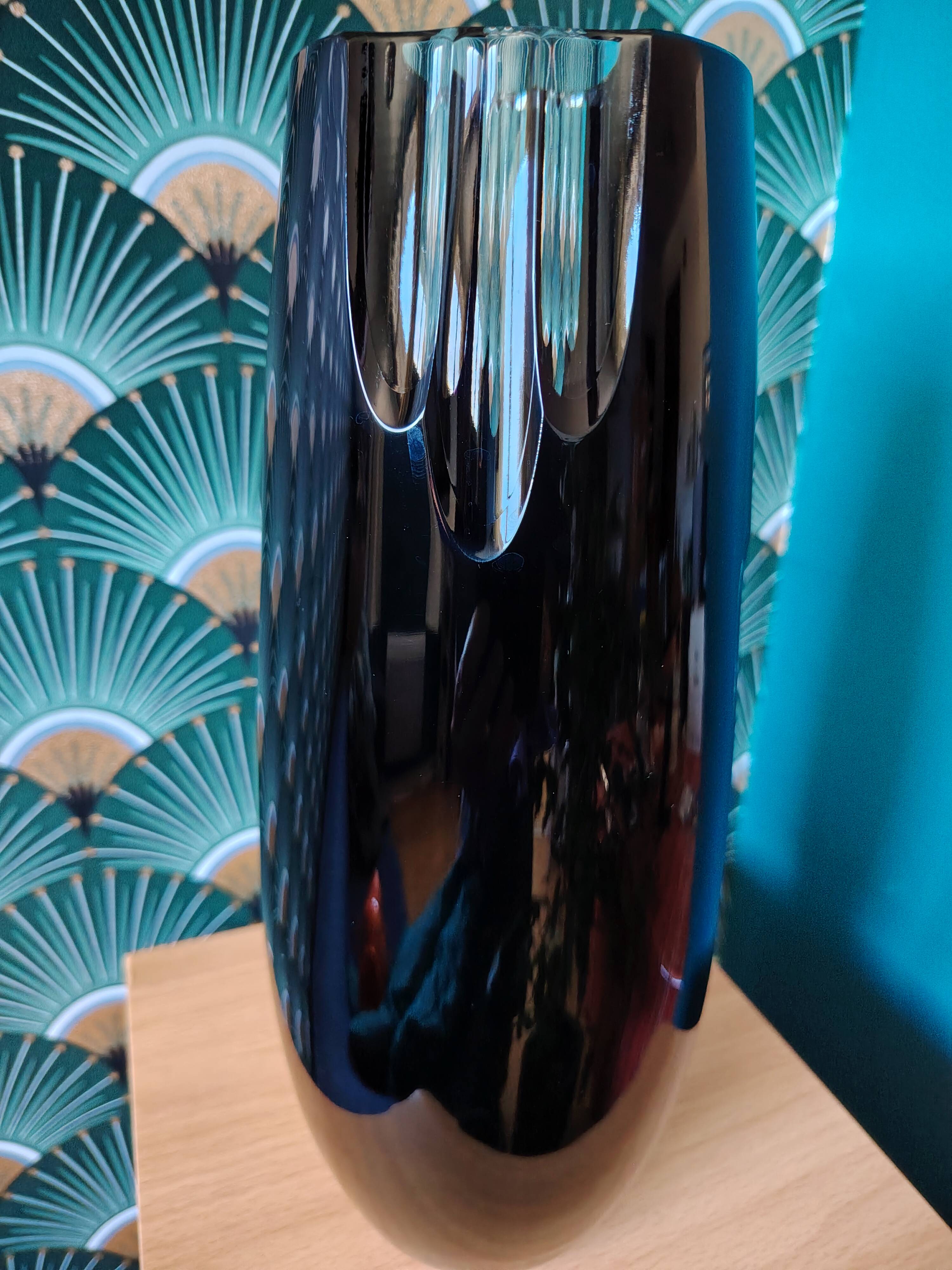 Black and clear cut crystal vase Bohemia Czechoslovakia 1970