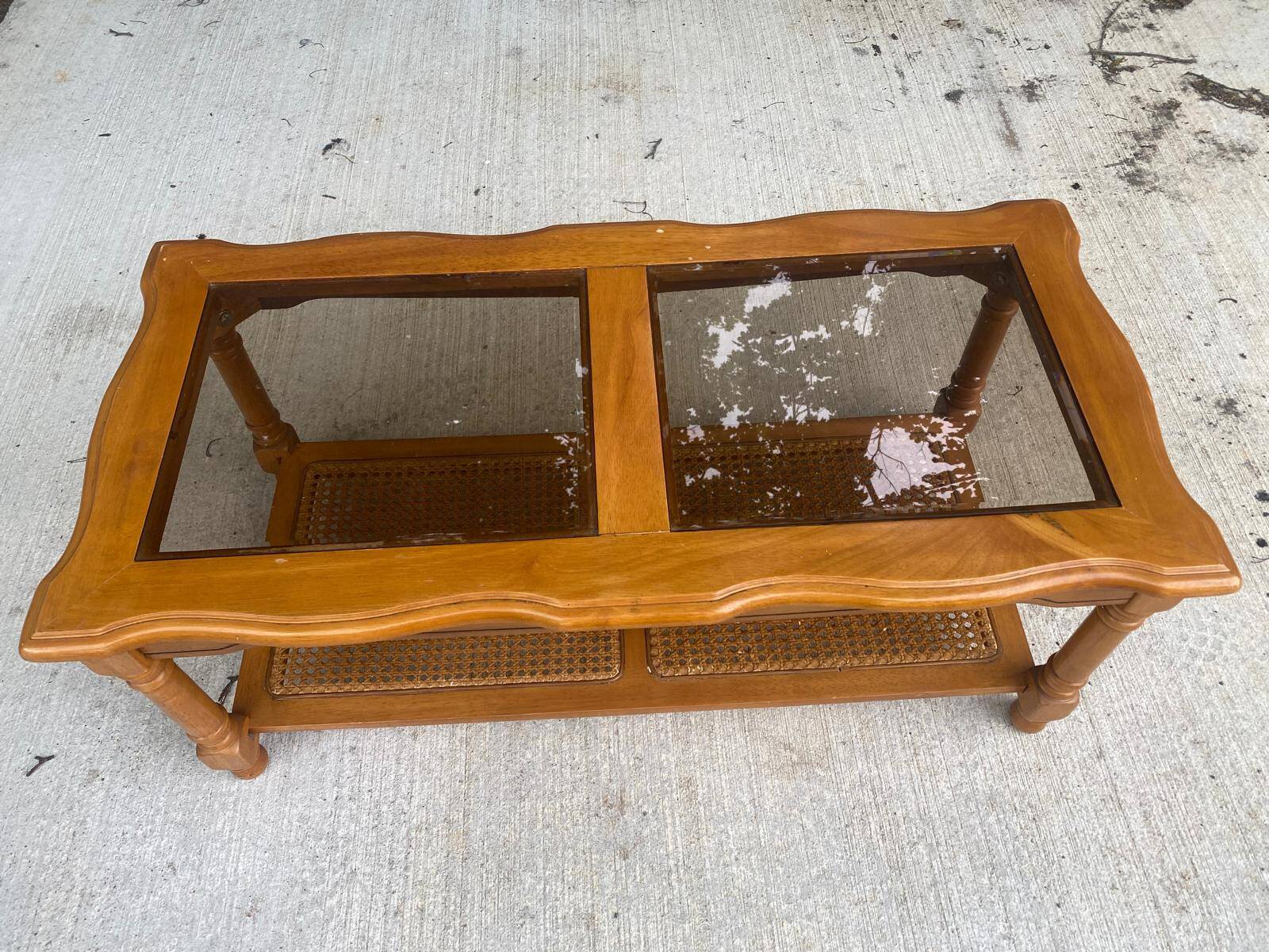 Vintage solid wood coffee table with glass and cane 100x50cm