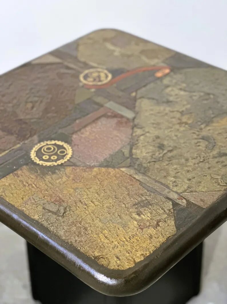Pair of vintage Kneipp side tables with sculptural tops in mixed materials, 1970s