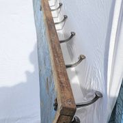 Teak coat rack with 8 double cast iron hooks