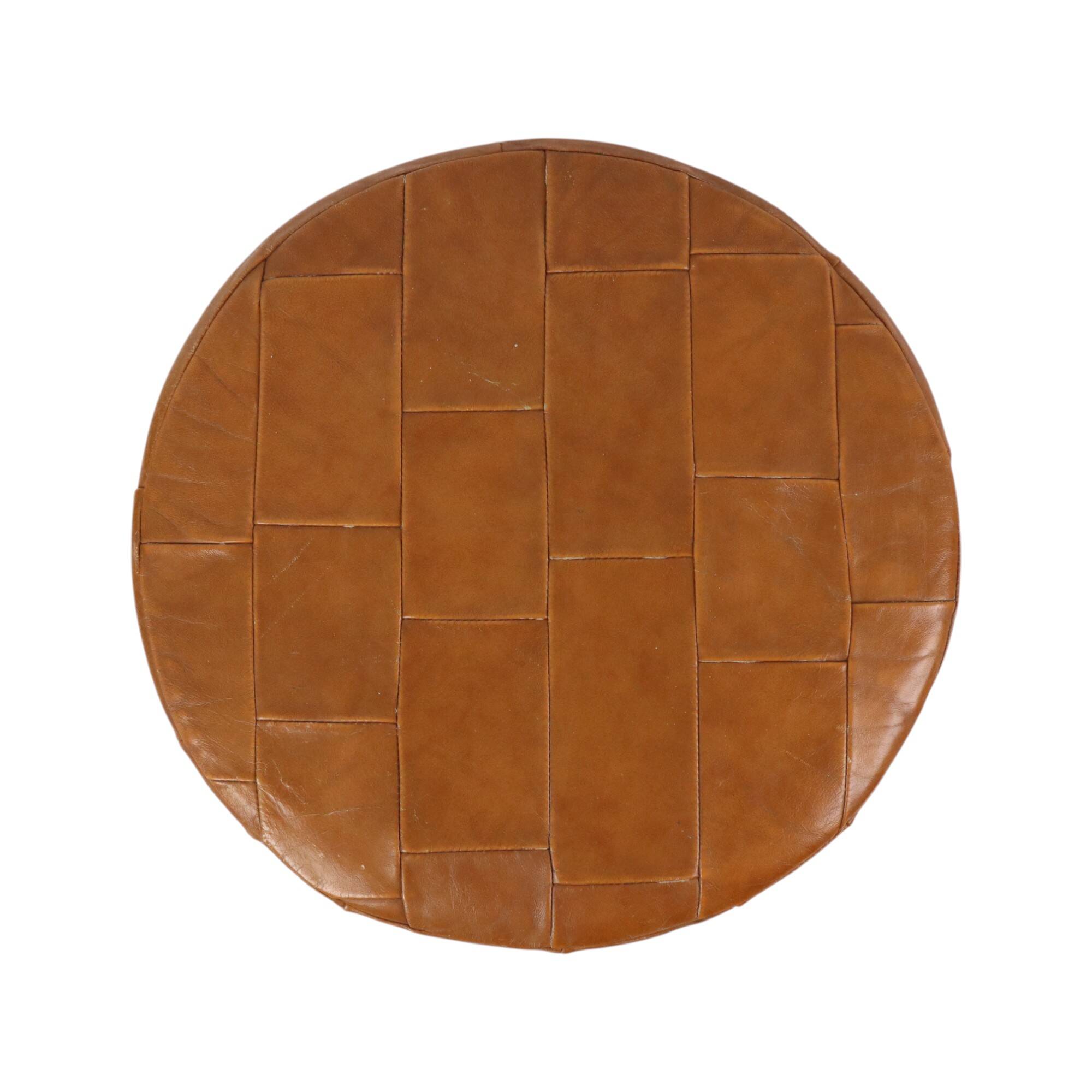 Vintage Round Brown Pouf Patchwork Patches Faux Leather 45cm