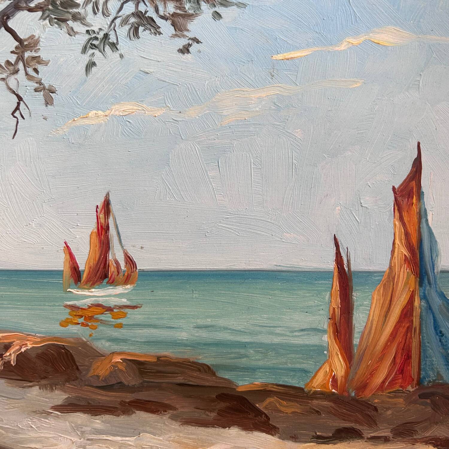 Painting of sailboats on the coast