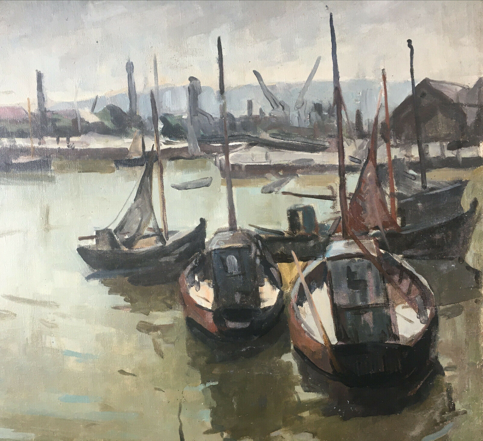 Painting Piet VOLCKAERT (1902-1973) HST Docked boats with urban marine crane