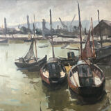 Painting Piet VOLCKAERT (1902-1973) HST Docked boats with urban marine crane