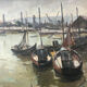 Painting Piet VOLCKAERT (1902-1973) HST Docked boats with urban marine crane