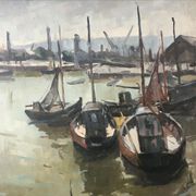 Painting Piet VOLCKAERT (1902-1973) HST Docked boats with urban marine crane