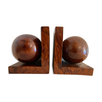 Pair of wooden bookends, art deco, Amboine magnifying glass balls