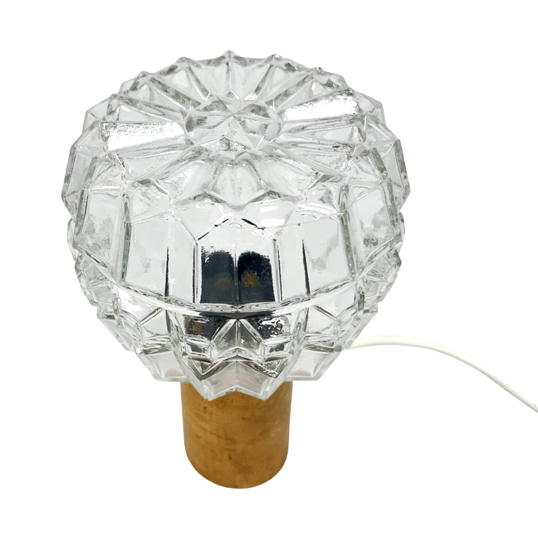 Aka leuchten – vintage pressed glass and wood bedside lamp, germany, 1970s.