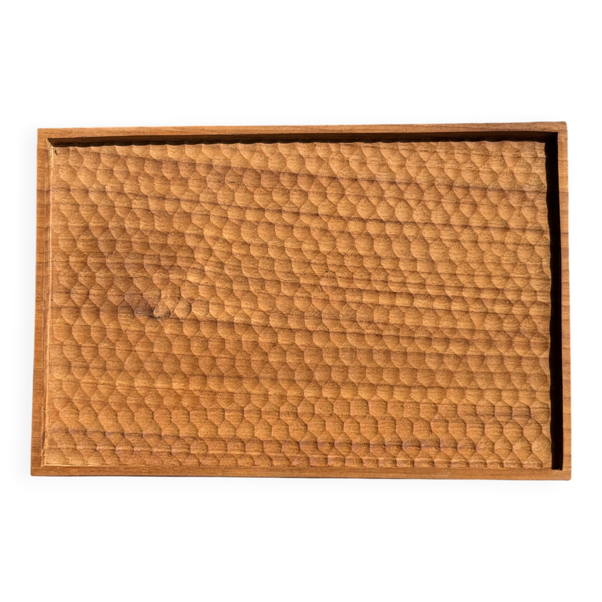 Rectangular solid teak plateau with carved edges 27x18.