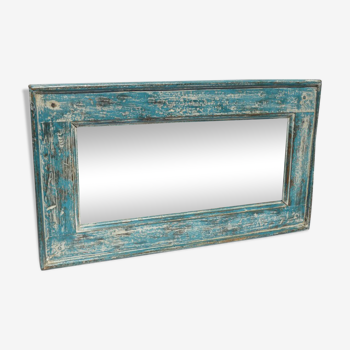 Miroir bois vieux teck patine bleue blanche 57x3x31cm