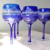 6 colored and engraved glass stemmed glasses