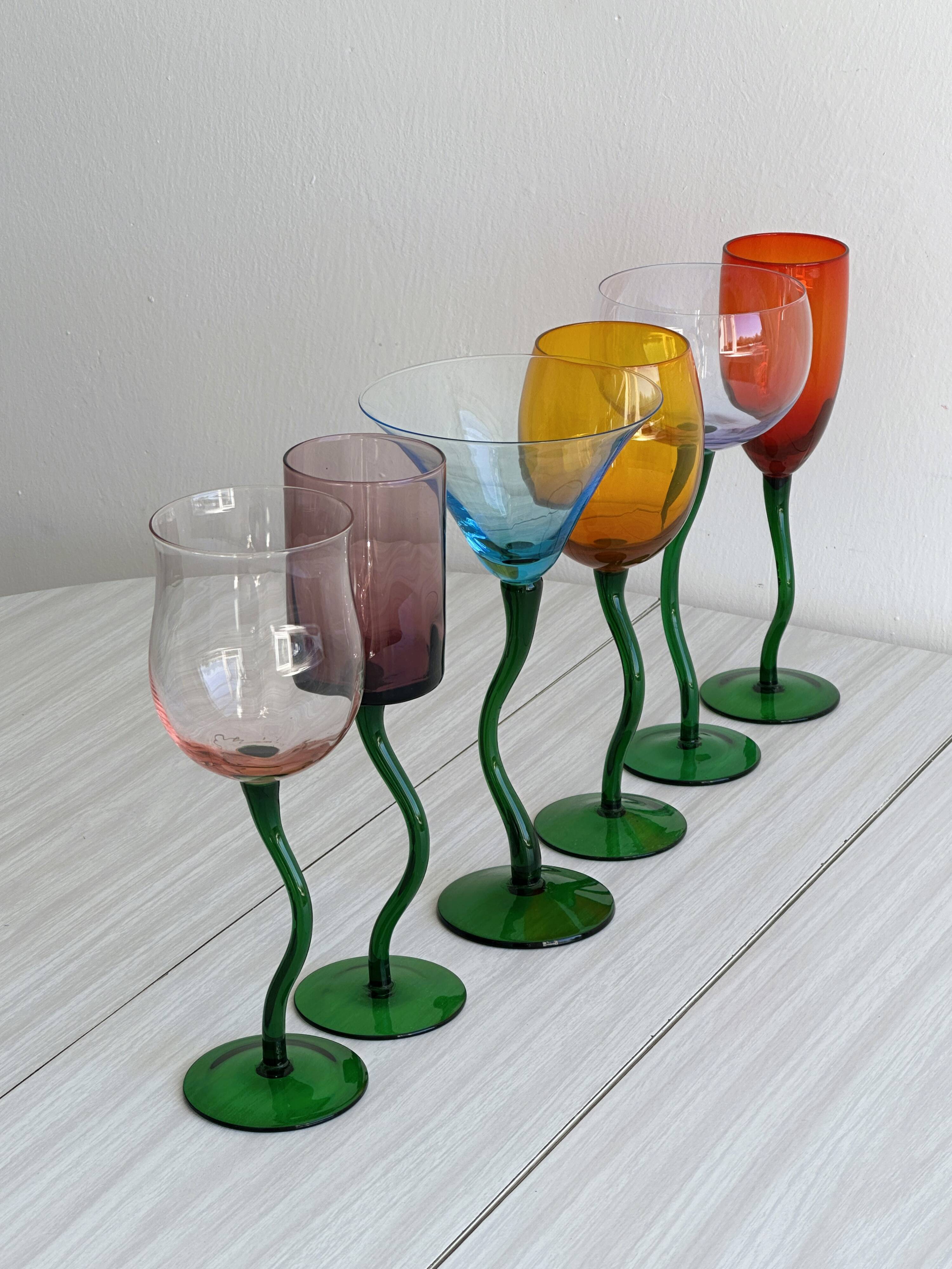 6 colored glasses with twisted feet