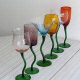 6 verres colorés pieds torsadés