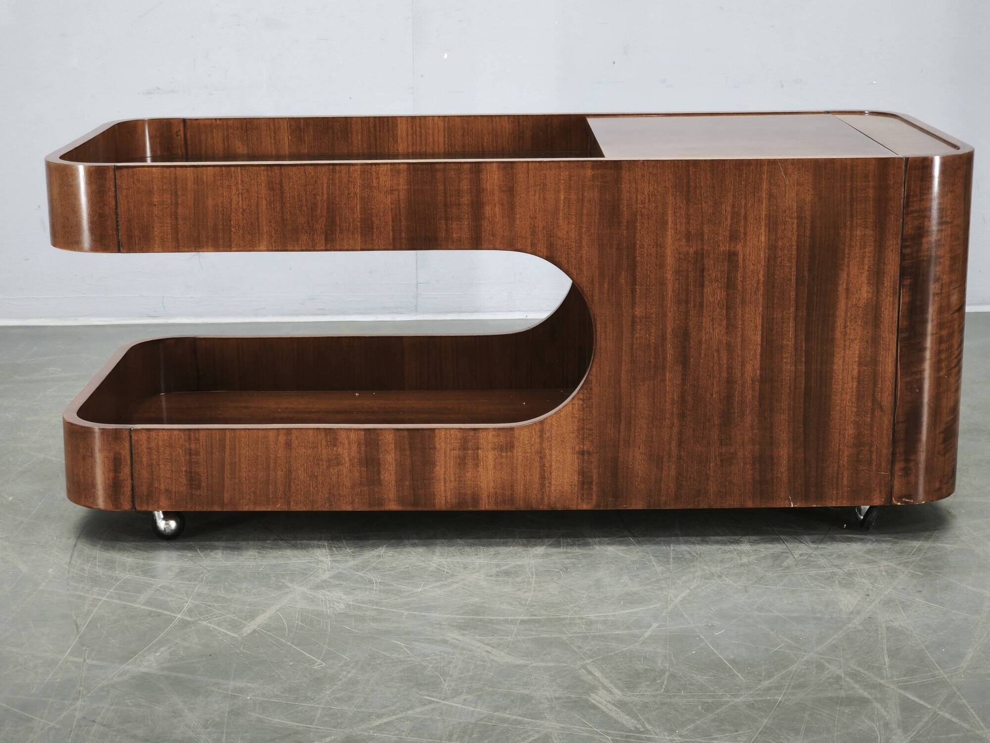 1970s Italian Modernist Wood and Smoked Glass Bar Cart