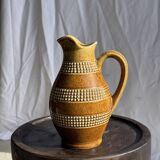 Vintage yellow stoneware carafe with beaded friezes Made in France H22
