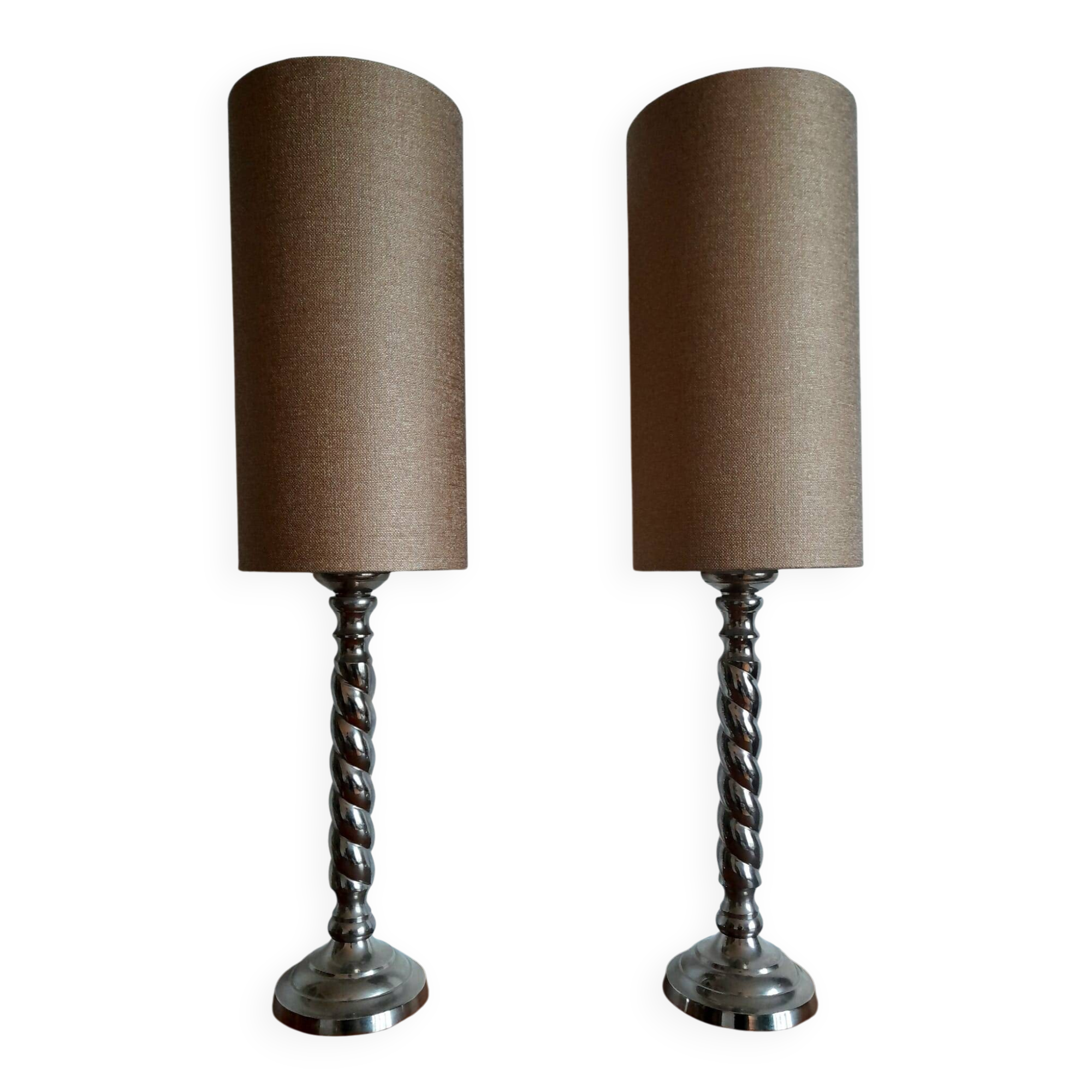 Pair of twisted metal silver-plated column lamps