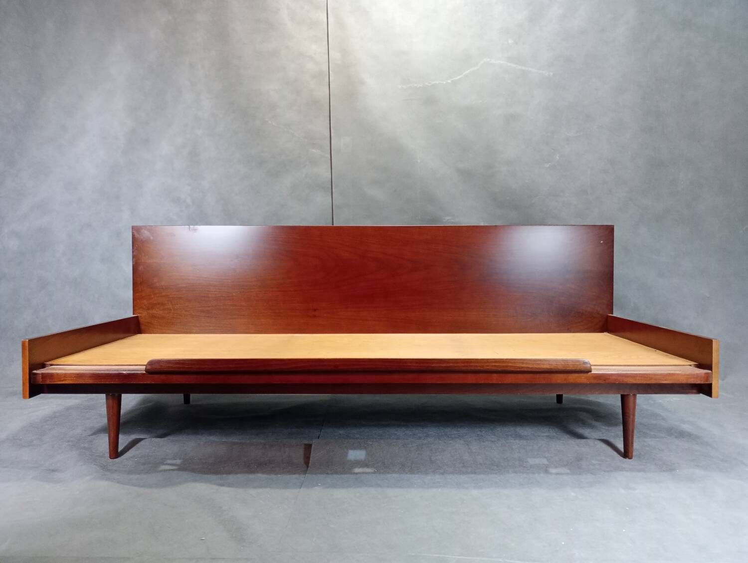 Jitona sobeslav sofa bed in walnut & boucle fabric, vintage czech 1960s