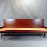 Jitona sobeslav sofa bed in walnut & boucle fabric, vintage czech 1960s
