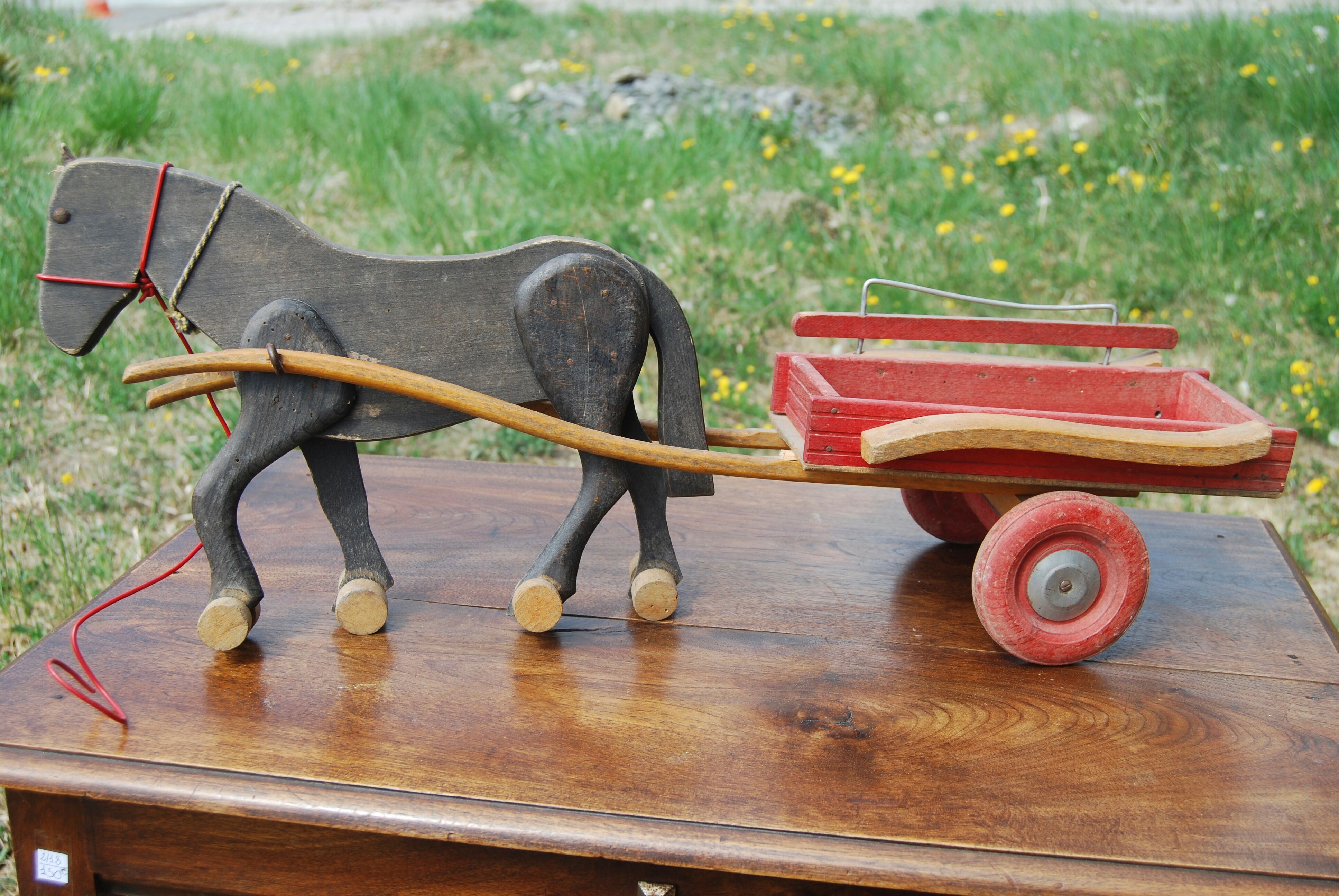 Old wooden toy Dejou. Hitch, horse and cart.